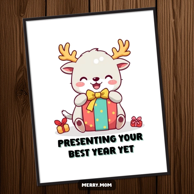 Funny free printable wall art: a cute creature sporting festive antlers, joyfully tearing into a brightly colored gift box.