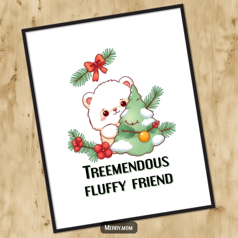 Funny Free Printable Wall Art of a cute, fluffy creature peeking out playfully from behind a beautifully decorated pine tree.