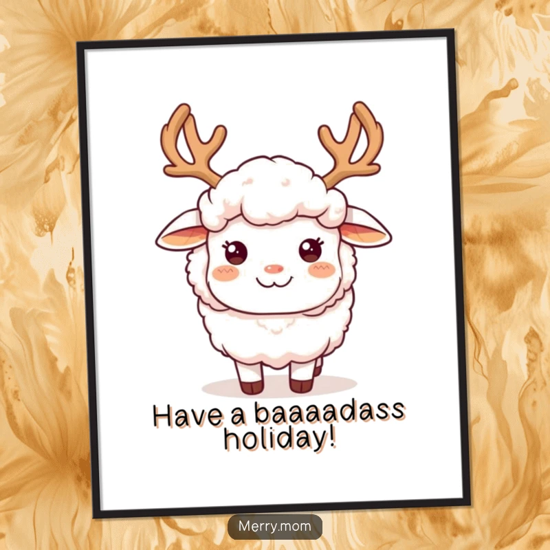 Funny Free Printable Wall Art showcasing a fluffy sheep sporting amusing reindeer antlers, bringing a smile.