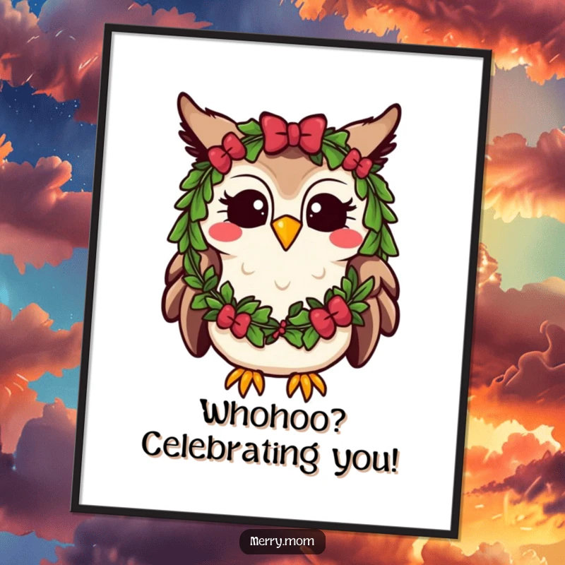 Funny Free Printable Wall Art: Adorable kawaii owl with a festive wreath, hooting happily, cheerful decor.