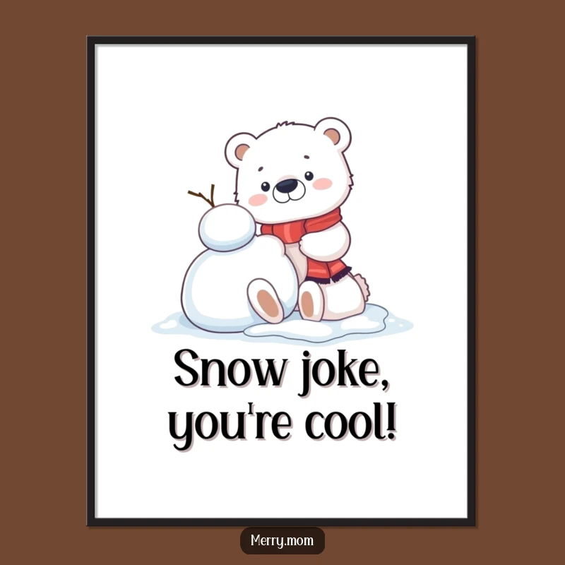 Funny Free Printable Wall Art: Kawaii Polar Bear Building Snowman, Whimsical Downloadable Decor