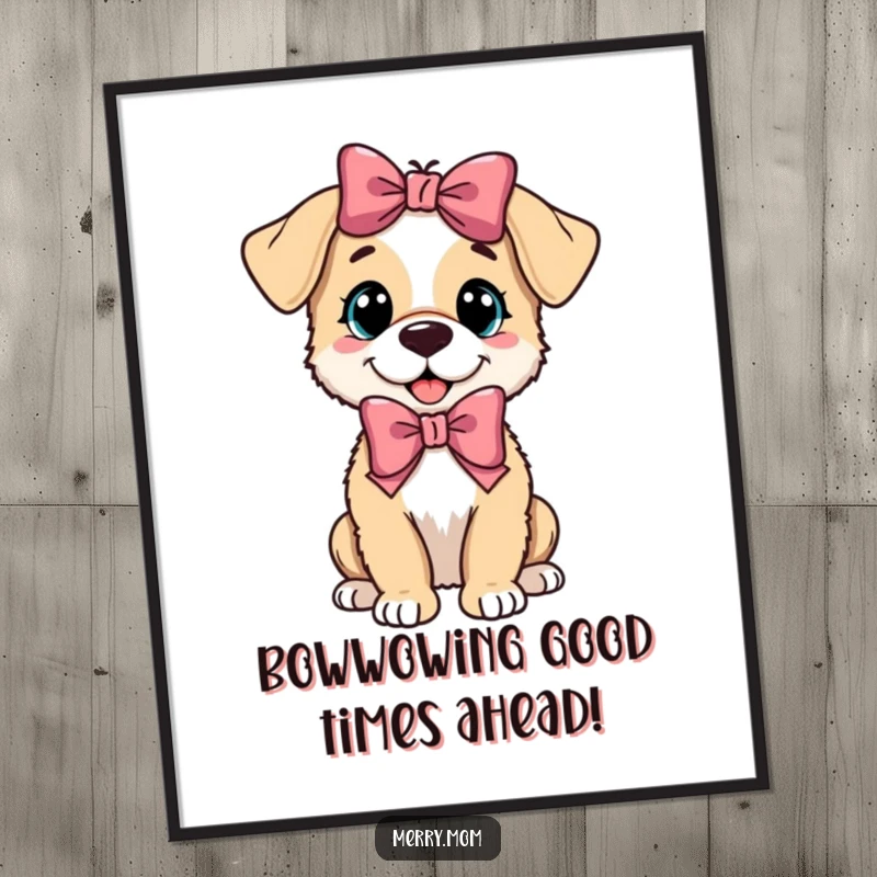Funny Free Printable Wall Art showing a playful puppy adorably sporting a festive bow, adding cheer.