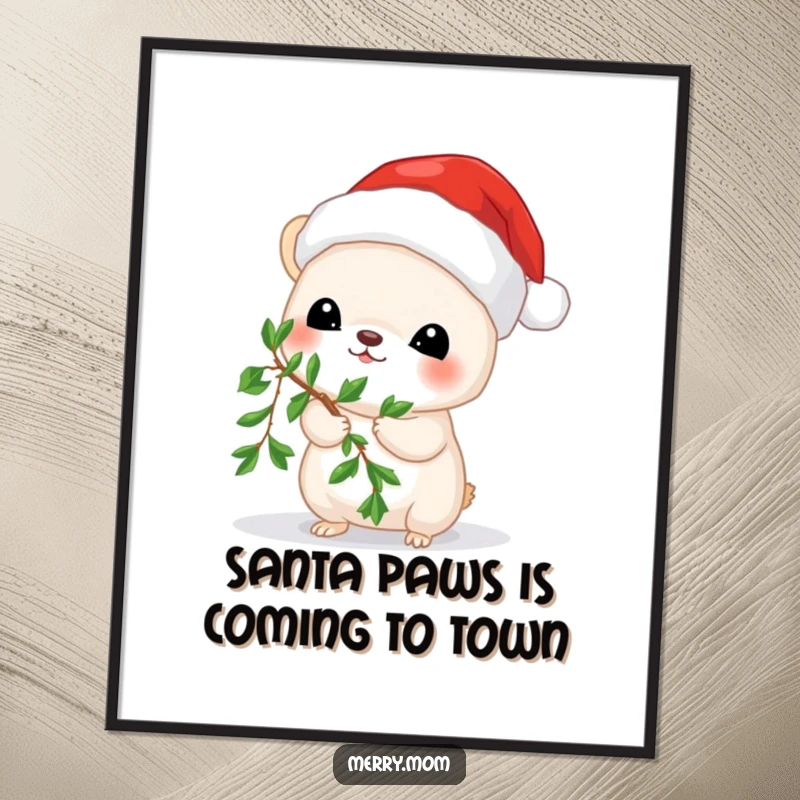 Funny Free Printable Wall Art: A small, cheerful animal wearing a Santa hat and holding mistletoe, bringing holiday cheer.