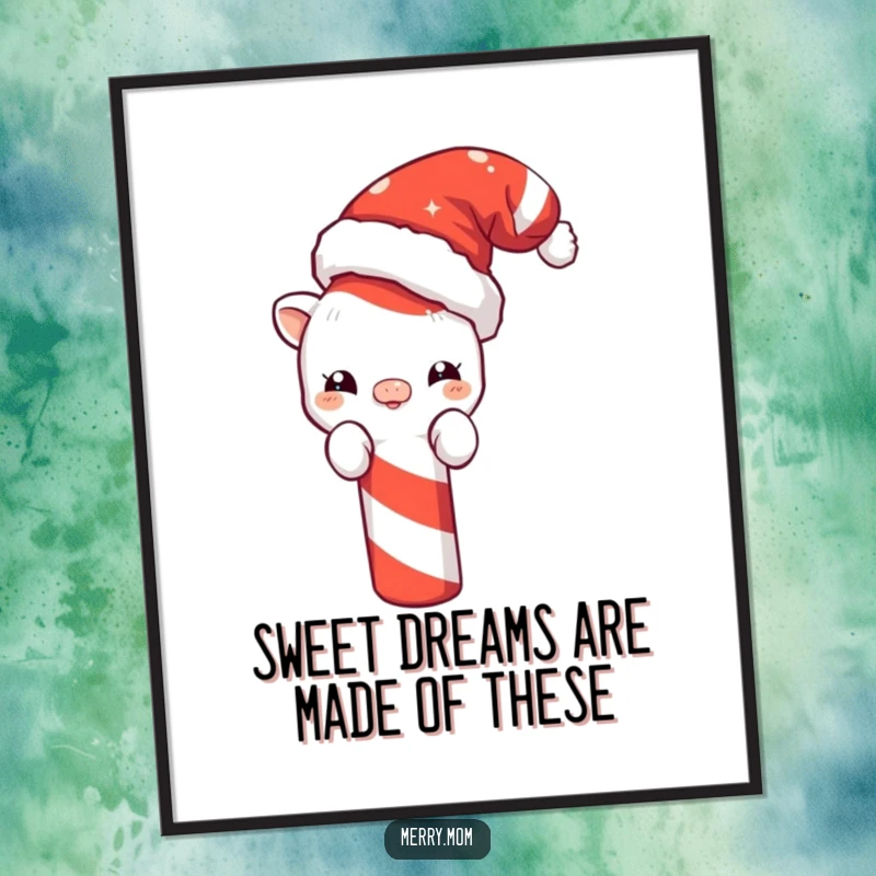 Funny free printable wall art: a cute creature wearing a Santa hat, peeking curiously from behind a giant, festive candy cane.