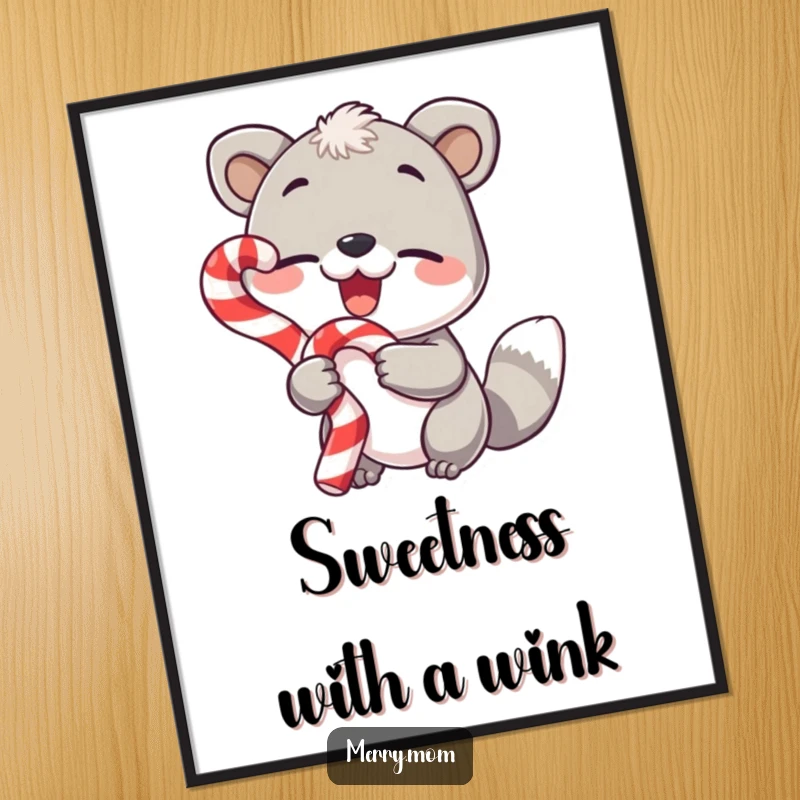 Funny Free Printable Wall Art showing a cute animal holding a candy cane and giving a conspiratorial, cheerful wink.