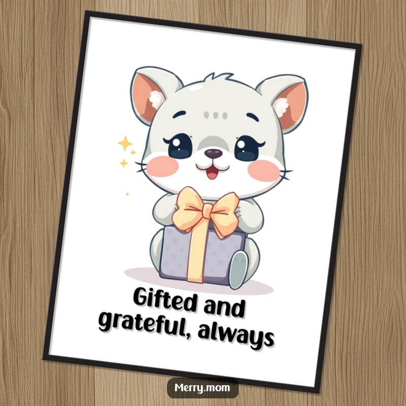 Funny Free Printable Wall Art: An animal with wide, sparkly eyes enthusiastically unwrapping a gift.