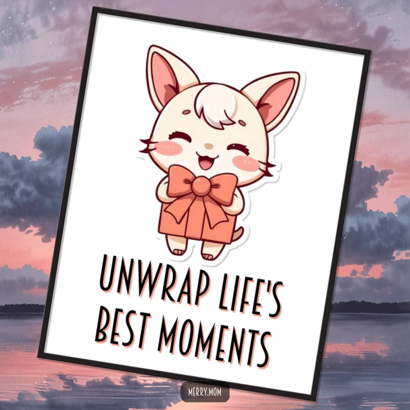 Funny Free Printable Wall Art: A present character with a jaunty bow, exuding happiness and ready to be displayed.