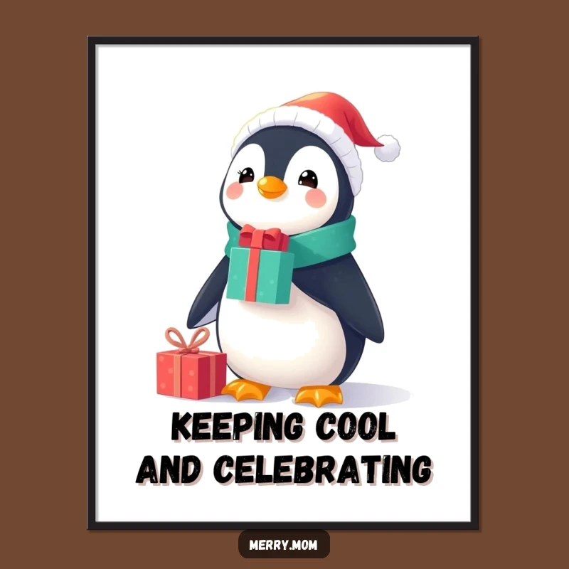 Free Printable Wall Art: Penguin Balancing Gifts Festive Funny Downloadable Art