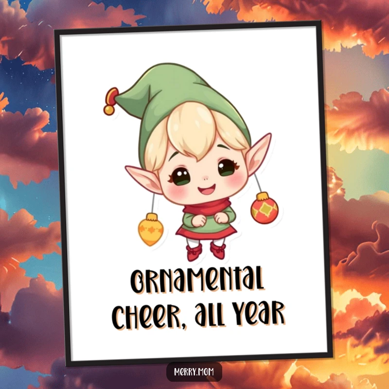 Festive Free Printable Wall Art: A cheerful elf with pointy ears gleefully hangs ornaments, creating a charming holiday scene.