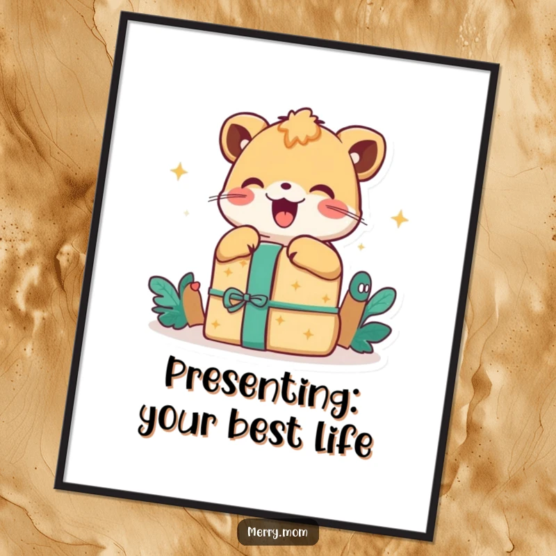 Vibrant free printable wall art capturing an animal's pure excitement and joy as it enthusiastically unwraps a surprise gift.