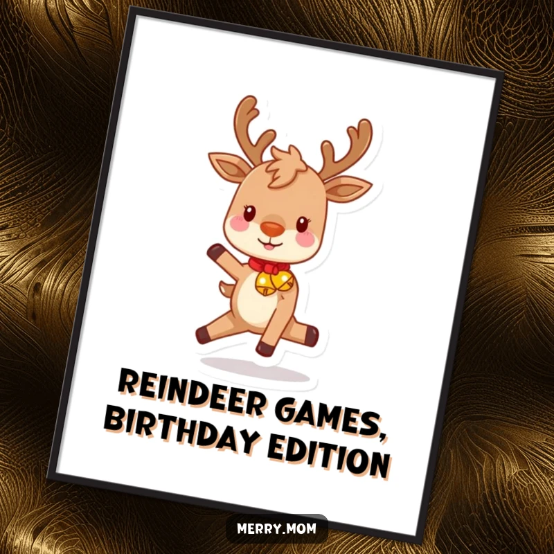 Festive Free Printable Wall Art: A playful reindeer with rosy cheeks and jingling bells prances, bringing a dose of holiday cheer.