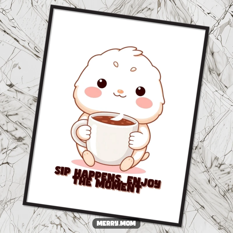 Funny free printable wall art: a cute creature with a warm, inviting smile holds a steaming mug of rich hot cocoa.