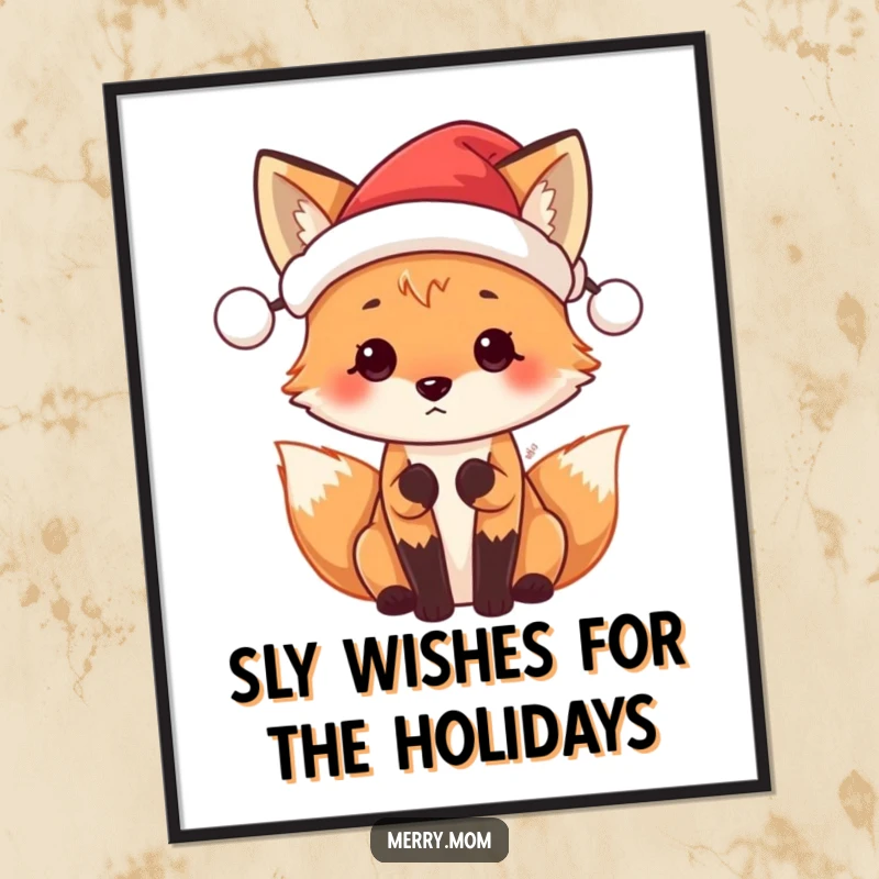 Funny Free Printable Fox Wall Art: Cute fox wearing a tiny Santa hat, full of anticipation, perfect for cozy decor.