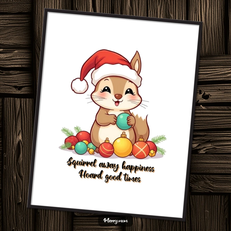 Funny Free Printable Wall Art: Kawaii squirrel in Santa hat hoarding shiny ornaments, creating a festive scene.