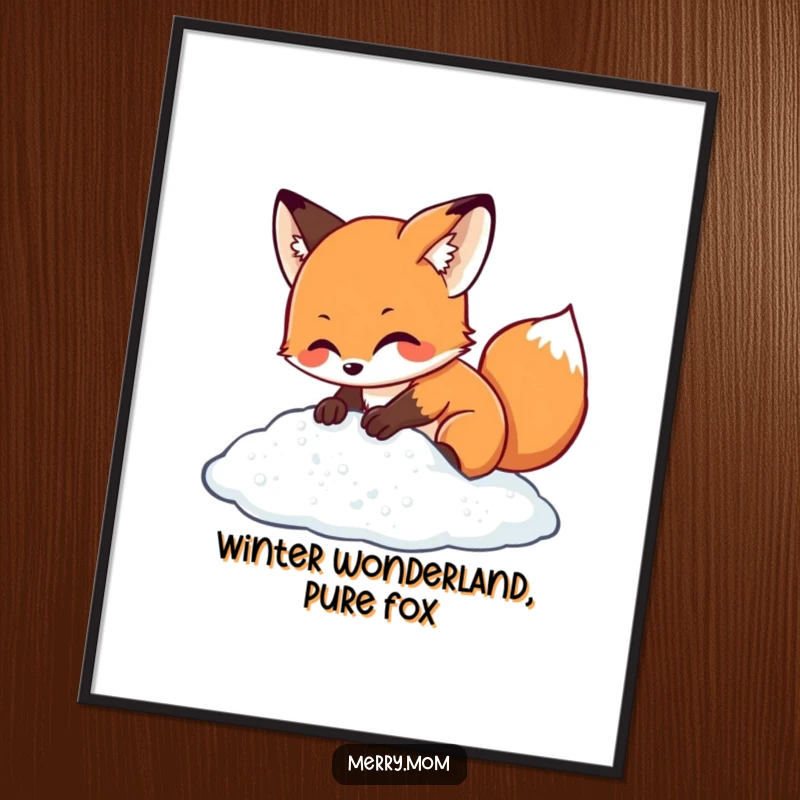 Cute Free Printable Wall Art: Kawaii fox energetically digging into a pile of glistening, sparkling snow.