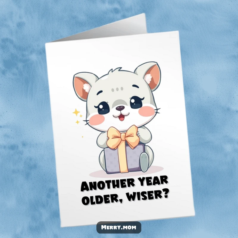 Funny Free Printable Birthday Card: An animal with sparkling eyes eagerly unwrapping a present.