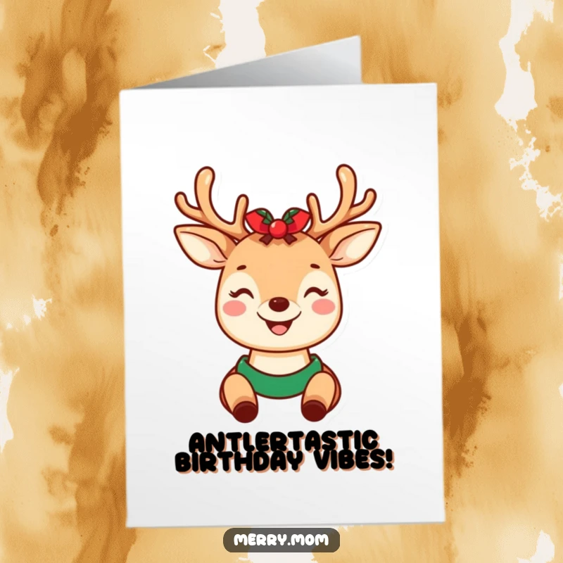 Funny Free Printable Birthday Card: Kawaii deer mom, holiday antlers, bright smile, perfect for a humorous celebration.