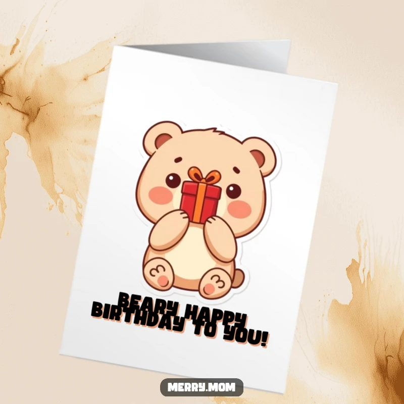 Cute Free Printable Birthday Card: A little bear happily holding a bright red present, ready for celebration.
