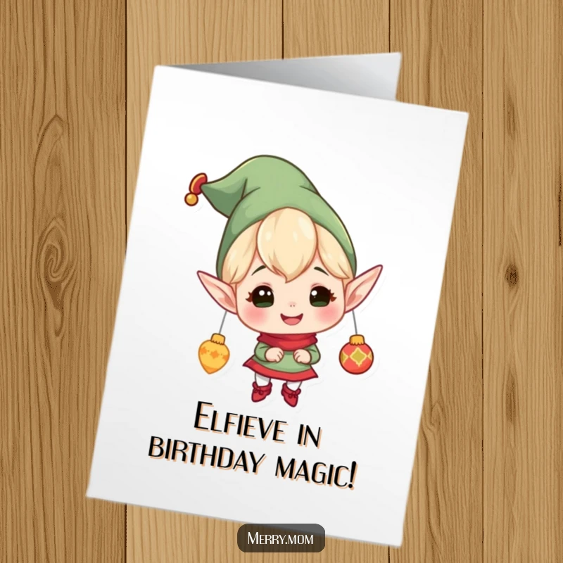 Festive Free Printable Birthday Card: A cheerful elf with pointy ears gleefully hangs ornaments, spreading birthday joy.