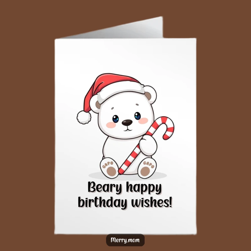 Free Printable Birthday Card: Cute Polar Bear Candy Cane Funny Downloadable Gift