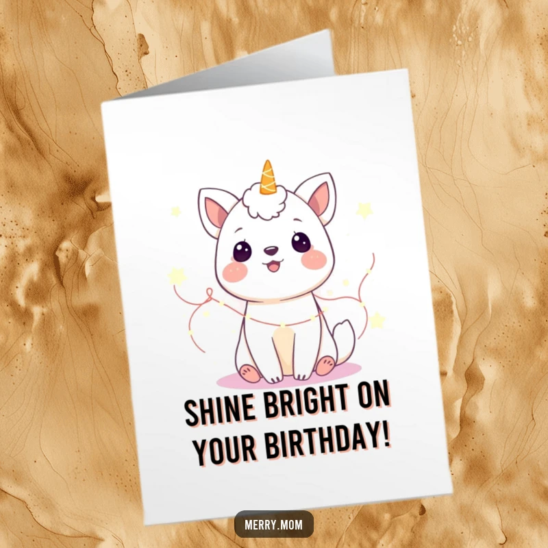 Funny Free Printable Birthday Card: Gleeful animal surrounded by twinkling fairy lights, magical, downloadable birthday greeting art.