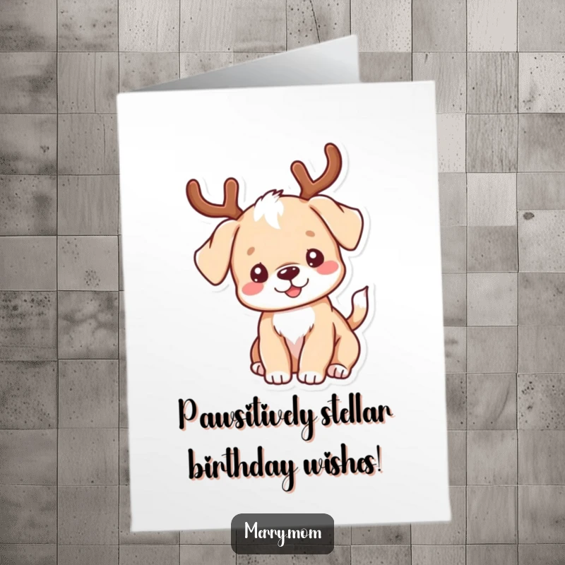 Funny Free Printable Birthday Card: A kawaii puppy with antlers wags its tail excitedly, spreading birthday joy.