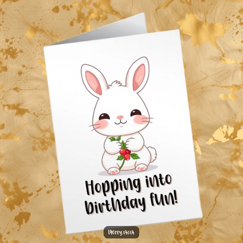 Funny Free Printable Birthday Card: Kawaii bunny with rosy cheeks holding holly, wishing a happy birthday.