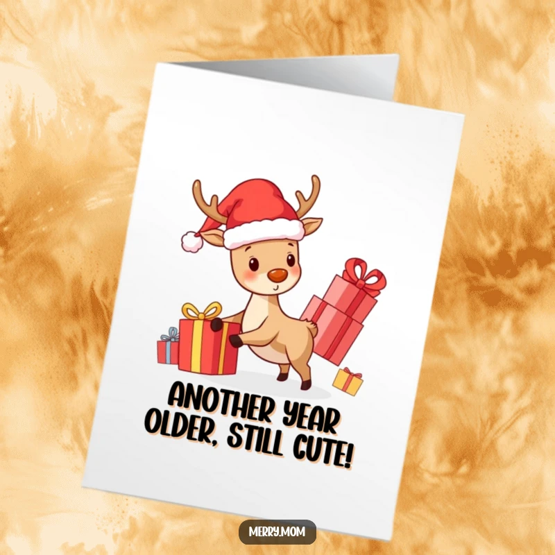 Funny Free Printable Birthday Card: Kawaii reindeer in Santa hat happily delivering presents, festive and cheerful design.
