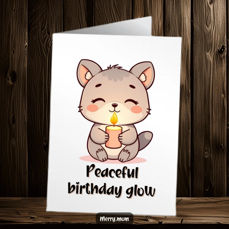 Funny Free Printable Birthday Card featuring a serene animal holding a glowing candle with a peaceful, content expression.