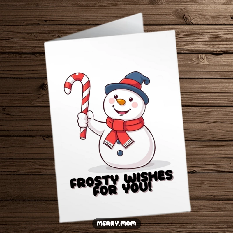 Funny Free Printable Birthday Card: A cheerful snowman waves a candy cane like a magic wand, wishing a happy birthday.