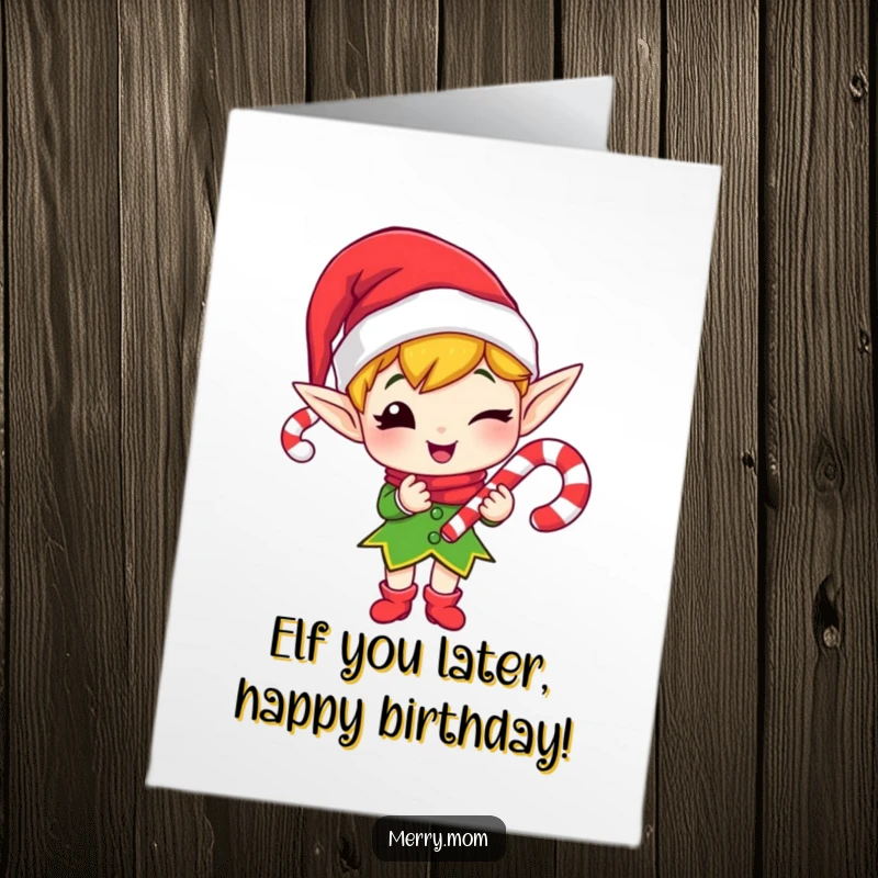 Funny Free Printable Birthday Card: Merry elf winking while gifting a candy cane, perfect for a cheerful DIY gift.