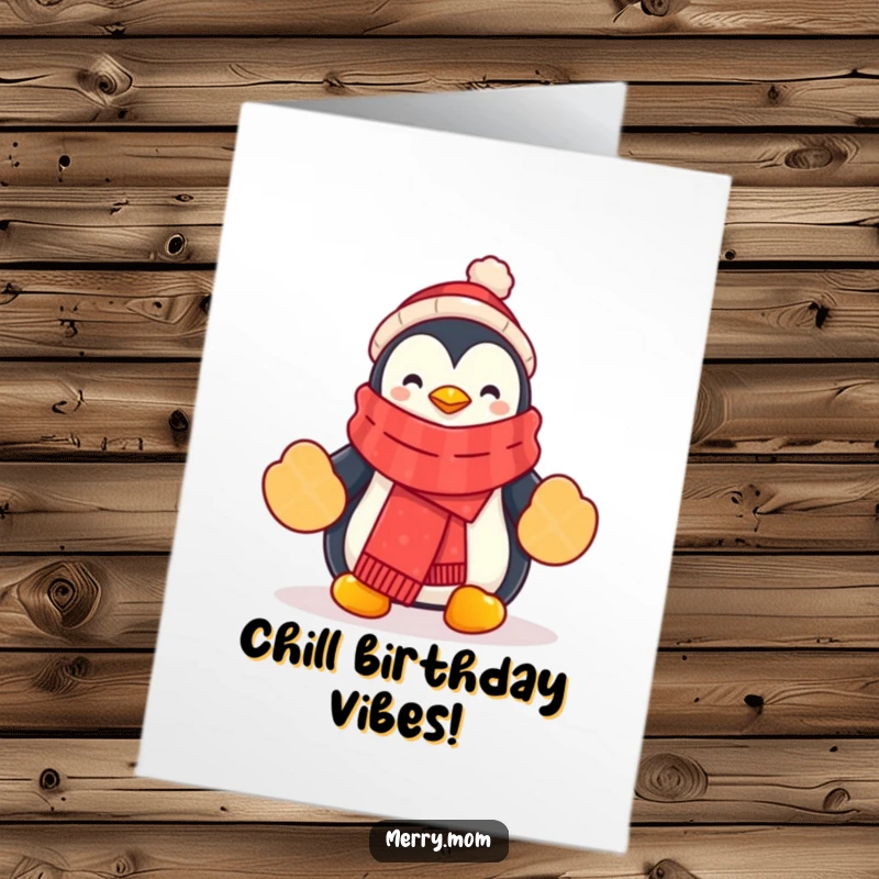 Funny Free Printable Penguin Birthday Card: Cute cartoon penguin in festive scarf and mittens, ready to party.