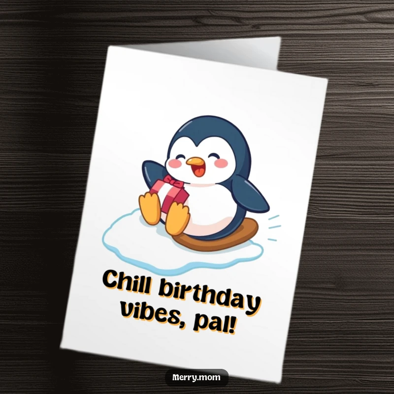 Funny Free Printable Birthday Card: Playful penguin sliding down an icy slope, holding a gift with excitement.