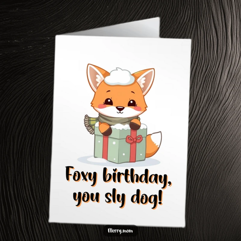 Funny Free Printable Birthday Card: Playful fox with scarf peeking from behind a snowy gift box.