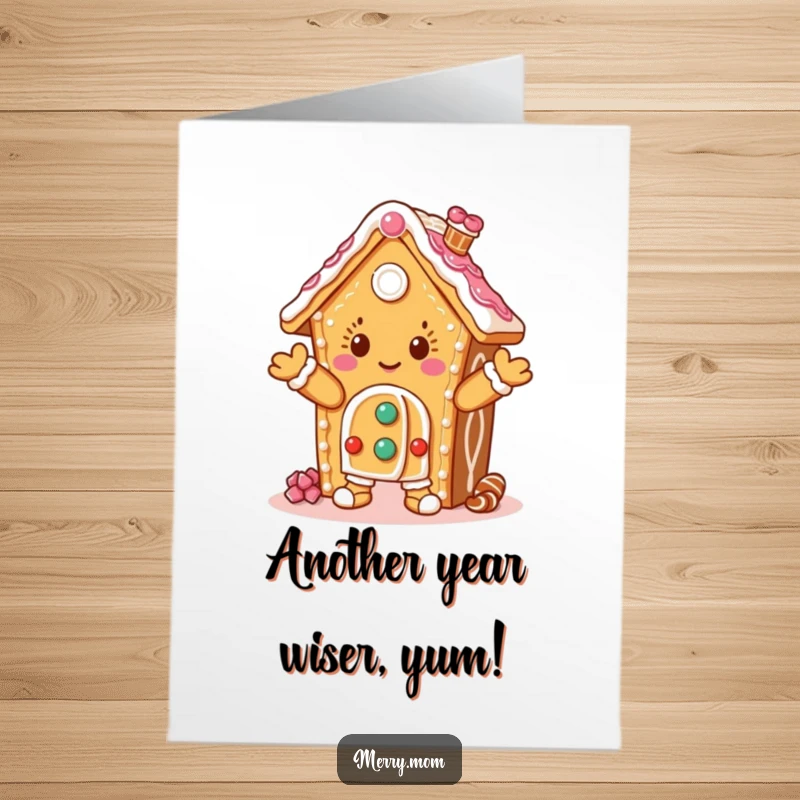 Funny Free Printable Birthday Card: A gingerbread house character joyfully dancing with icing swirls, ready for a birthday celebration.