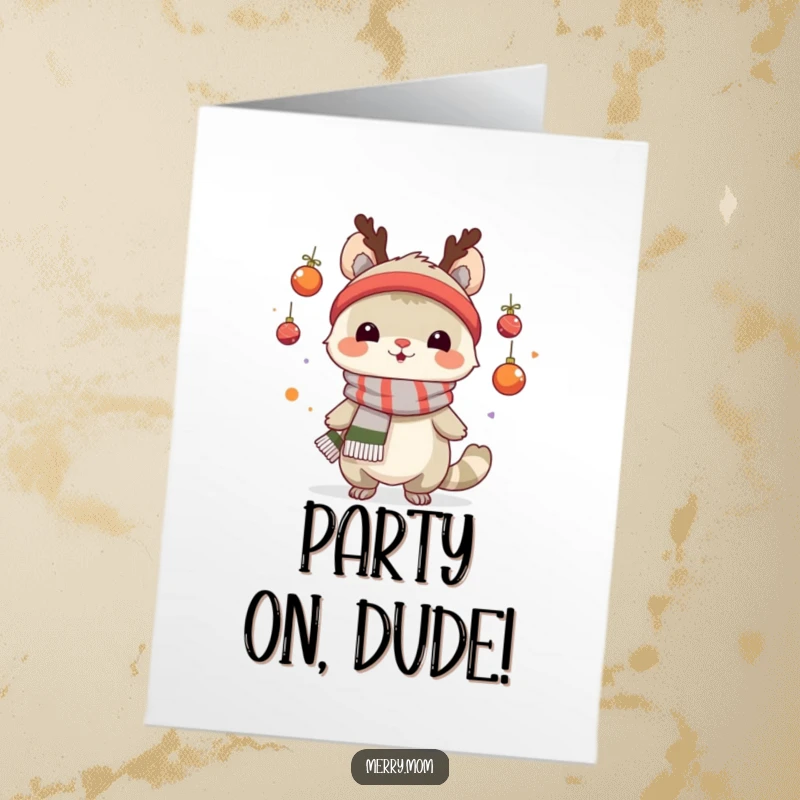 Funny Free Printable Birthday Card: Creature in scarf juggling tiny ornaments with a playful expression.