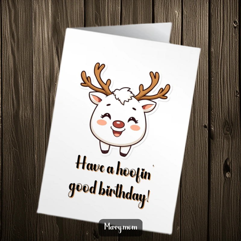Funny Free Printable Birthday Card: A creature wearing reindeer antlers and a wide, happy smile.