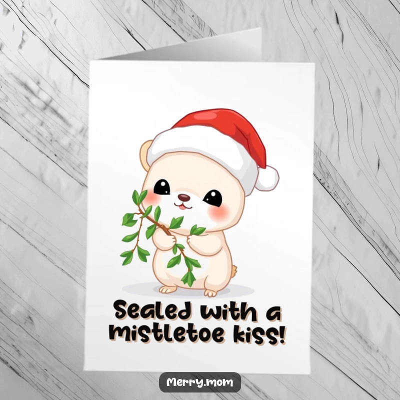 Funny Free Printable Birthday Card: Adorable animal in Santa hat holding mistletoe, ready for a festive birthday kiss.
