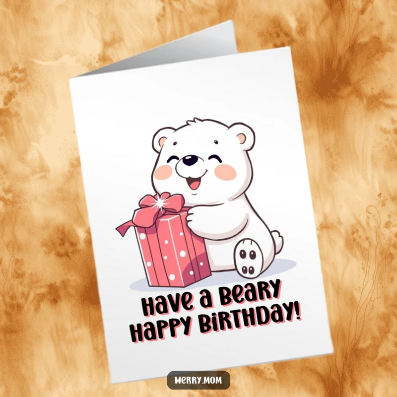 Festive Free Printable Birthday Card: A smiling polar bear joyfully unwraps a sparkly gift, sharing birthday excitement.