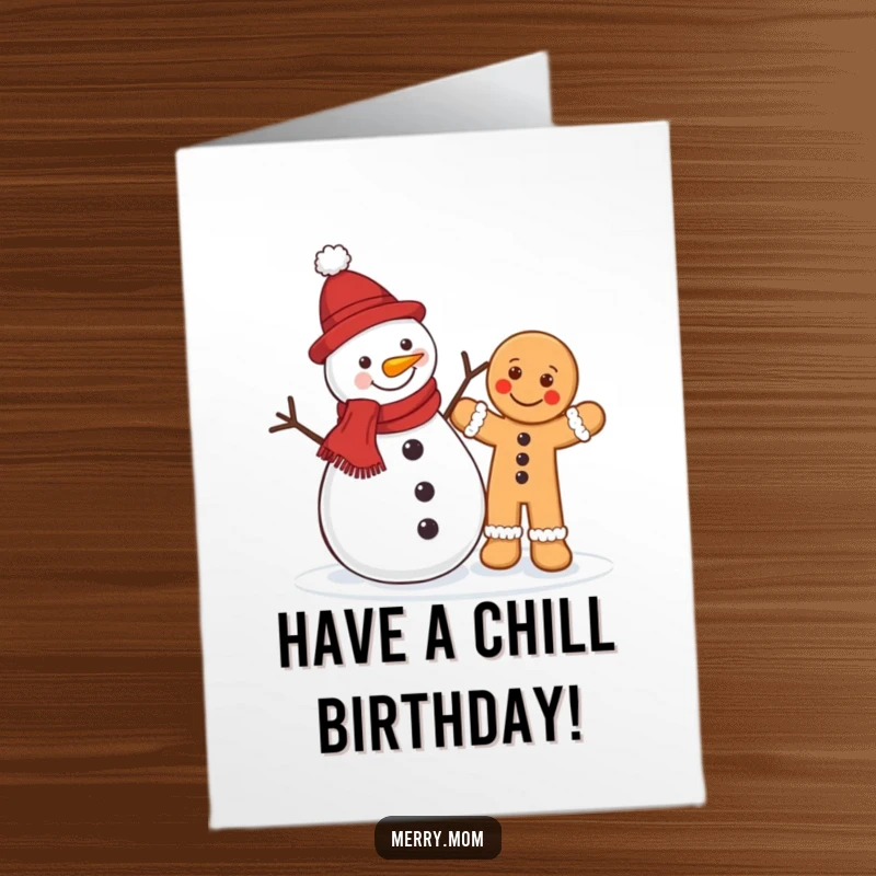 Funny Free Printable Birthday Card: A jolly snowman stands with a happy gingerbread man waving, celebrating birthdays warmly.