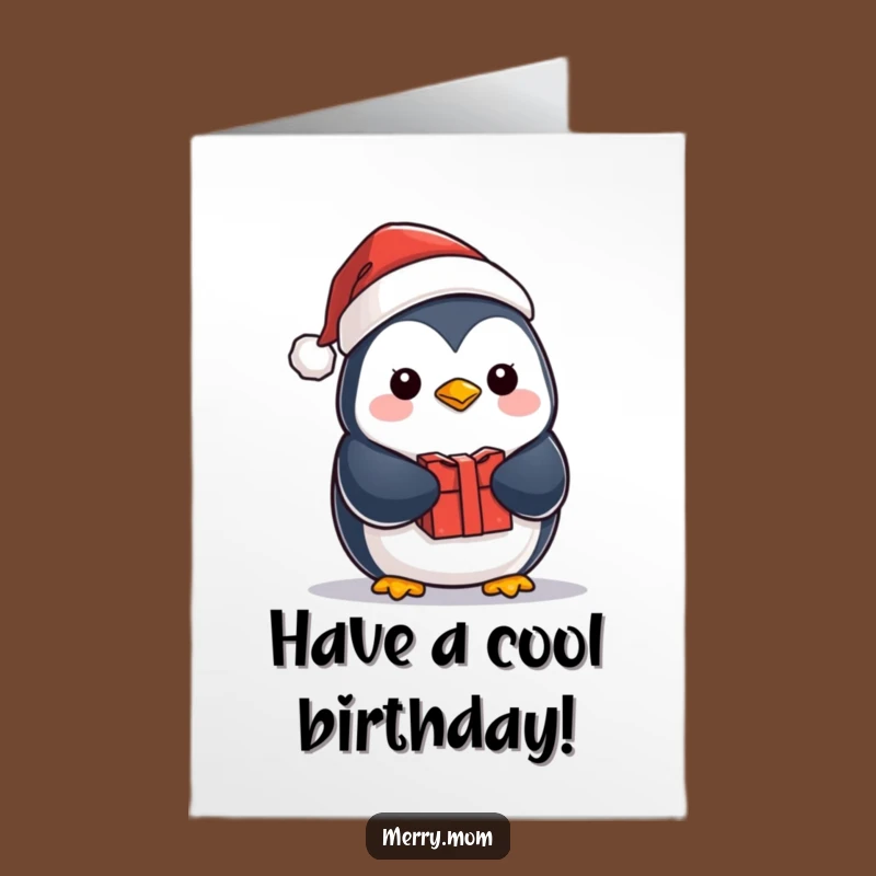 Free Printable Funny Penguin Birthday Card: Santa Hat Gift Downloadable