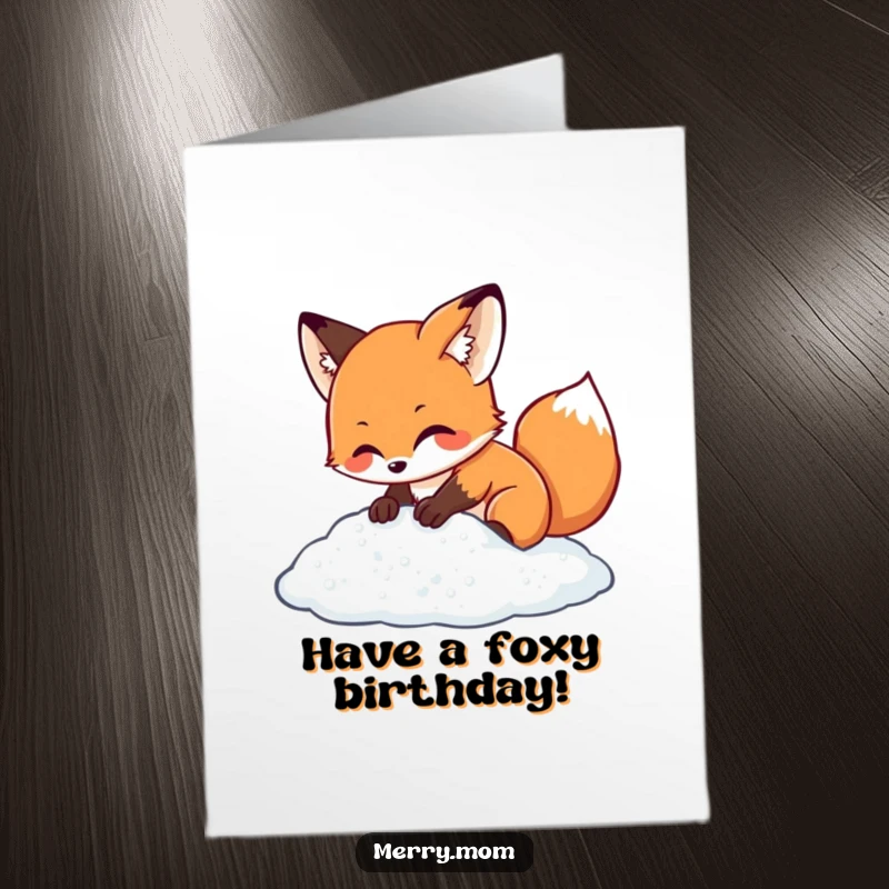 Cute Free Printable Birthday Card: Kawaii fox gleefully digging in sparkling snow, sending happy birthday wishes.