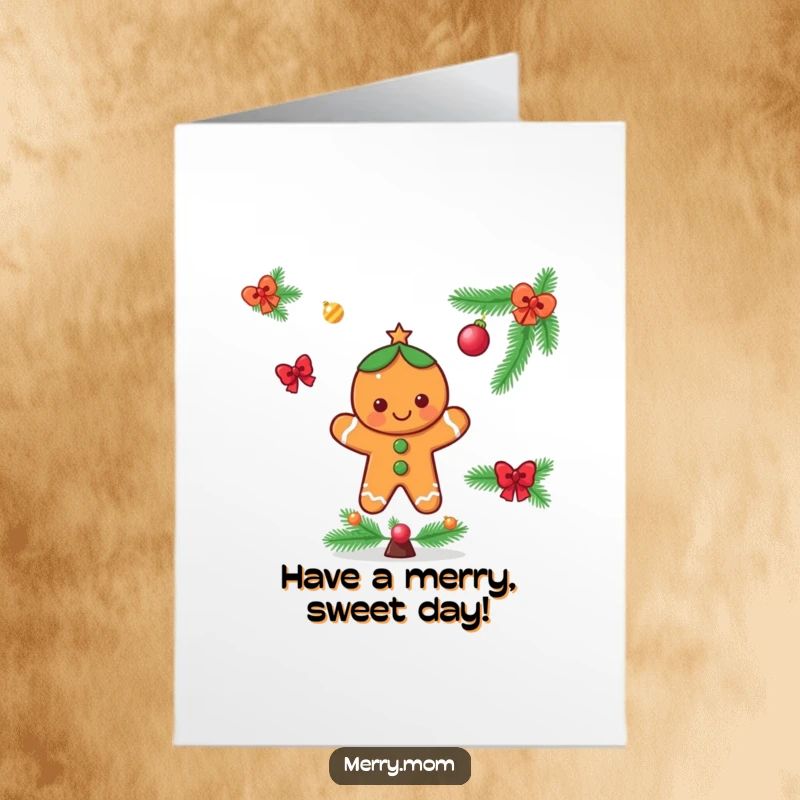 Funny Free Printable Birthday Card: A cheerful gingerbread man character decorating a festive tree, spreading holiday cheer.