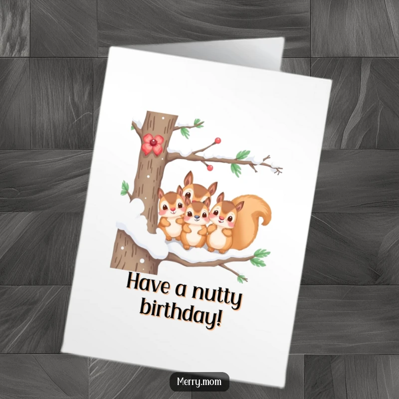 Funny Free Printable Birthday Card: Kawaii squirrel family peeking from snowy branch, cute and humorous holiday cheer.