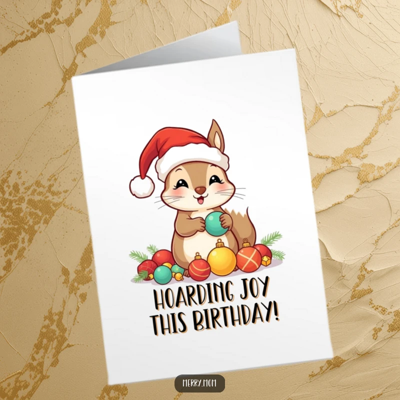 Funny Free Printable Birthday Card: Kawaii squirrel in Santa hat hoarding shiny ornaments, ready for a birthday.