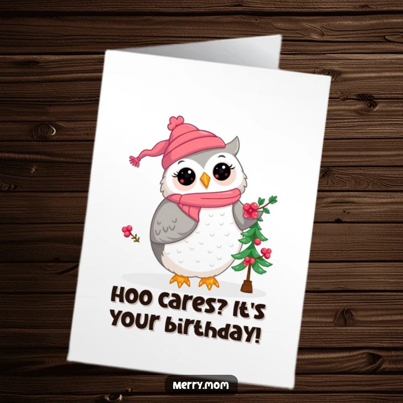 Cute Free Printable Birthday Card: Kawaii owl mom adorning a mini Christmas tree with berries for a winter birthday.