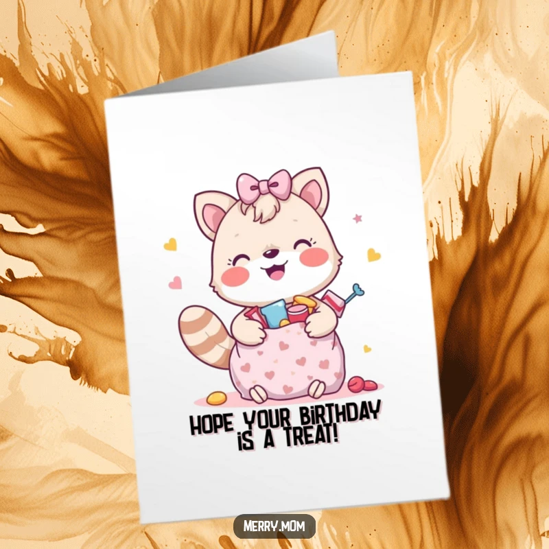 Funny free printable birthday card of a happy animal holding a gift bag overflowing with delicious treats, perfect for a sweet celebration.