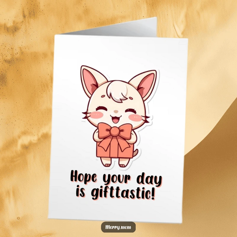 Free Printable Birthday Card: A jubilant present character with a jaunty bow, ready to celebrate a birthday with humor.