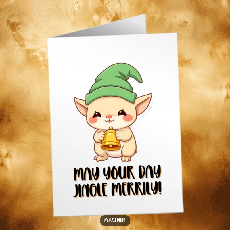 Funny free printable birthday card of a creature in a tiny elf hat holding a festive bell, ready to spread holiday cheer.