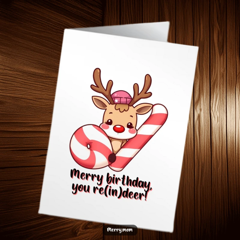 Funny Free Printable Birthday Card: Cute reindeer peeking from behind a giant, festive candy cane with a happy smile.
